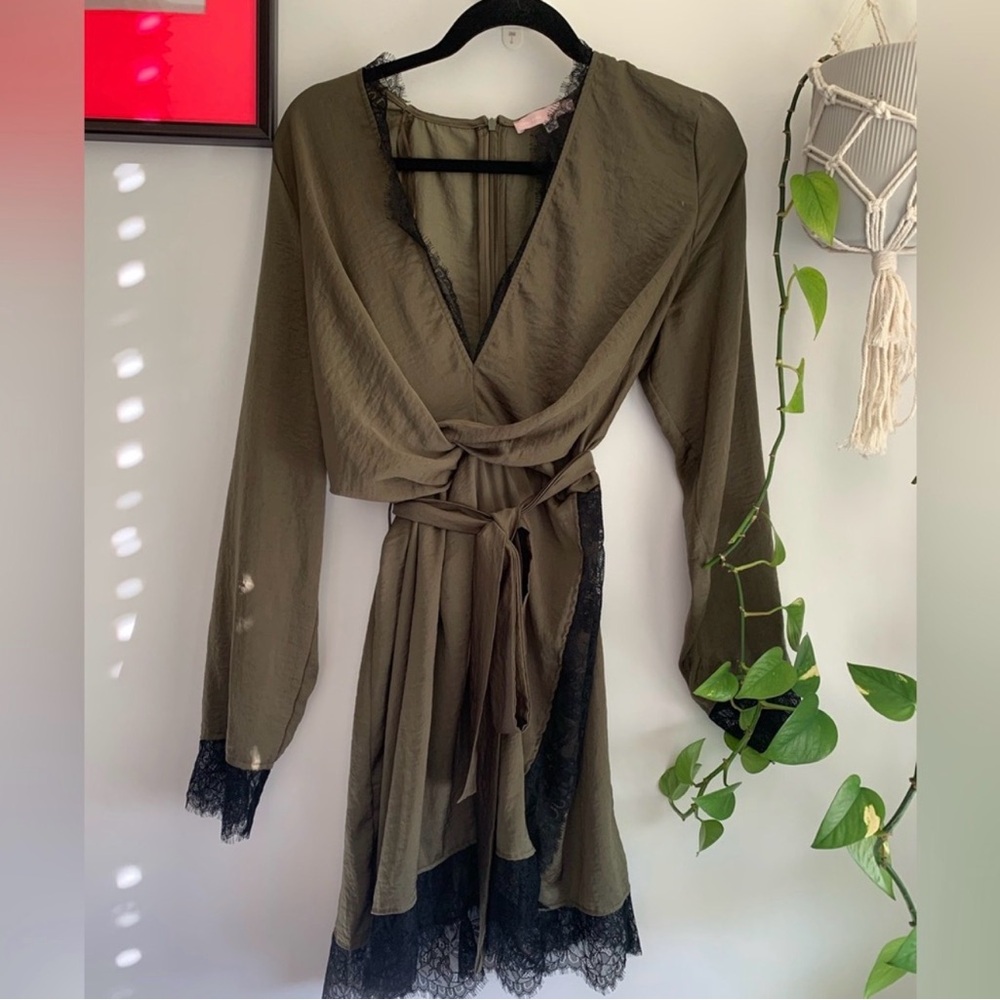 Satin Olive Green Dress by MissGuided
